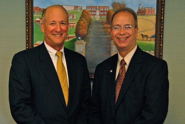 Dr. Michael V. Carter, president of Campbellsville University, and Dr. Robert L. King, president of the Council on Postsecondary Education, speak before a luncheon at CU in King's honor. (Campbellsville UniversityPhoto by Linda Waggener)